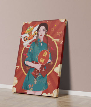 Elegant woman in traditional attire with lion dance mask in vibrant background