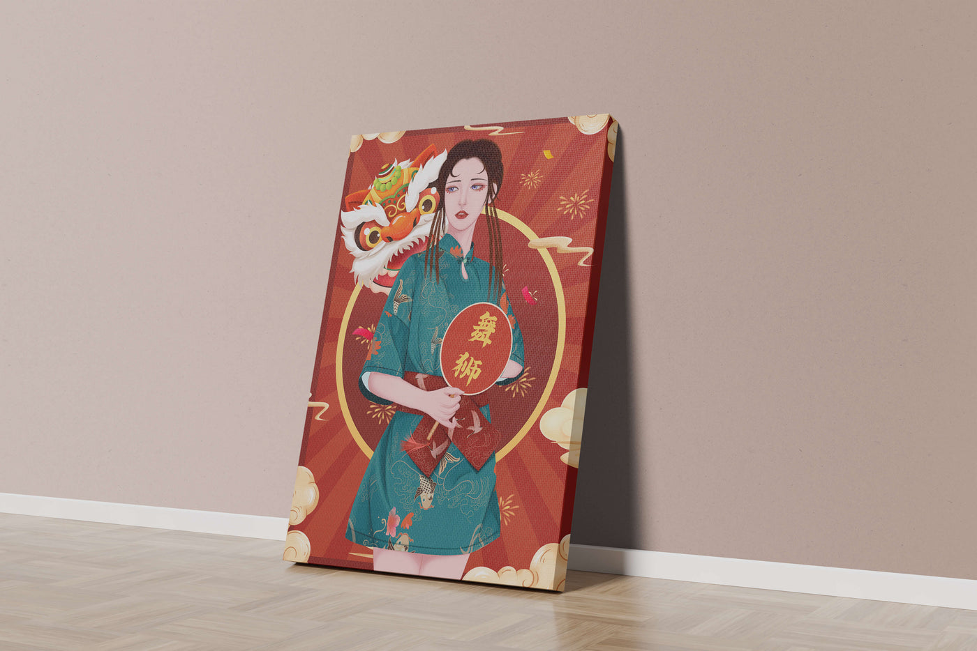 Elegant woman in traditional attire with lion dance mask in vibrant background
