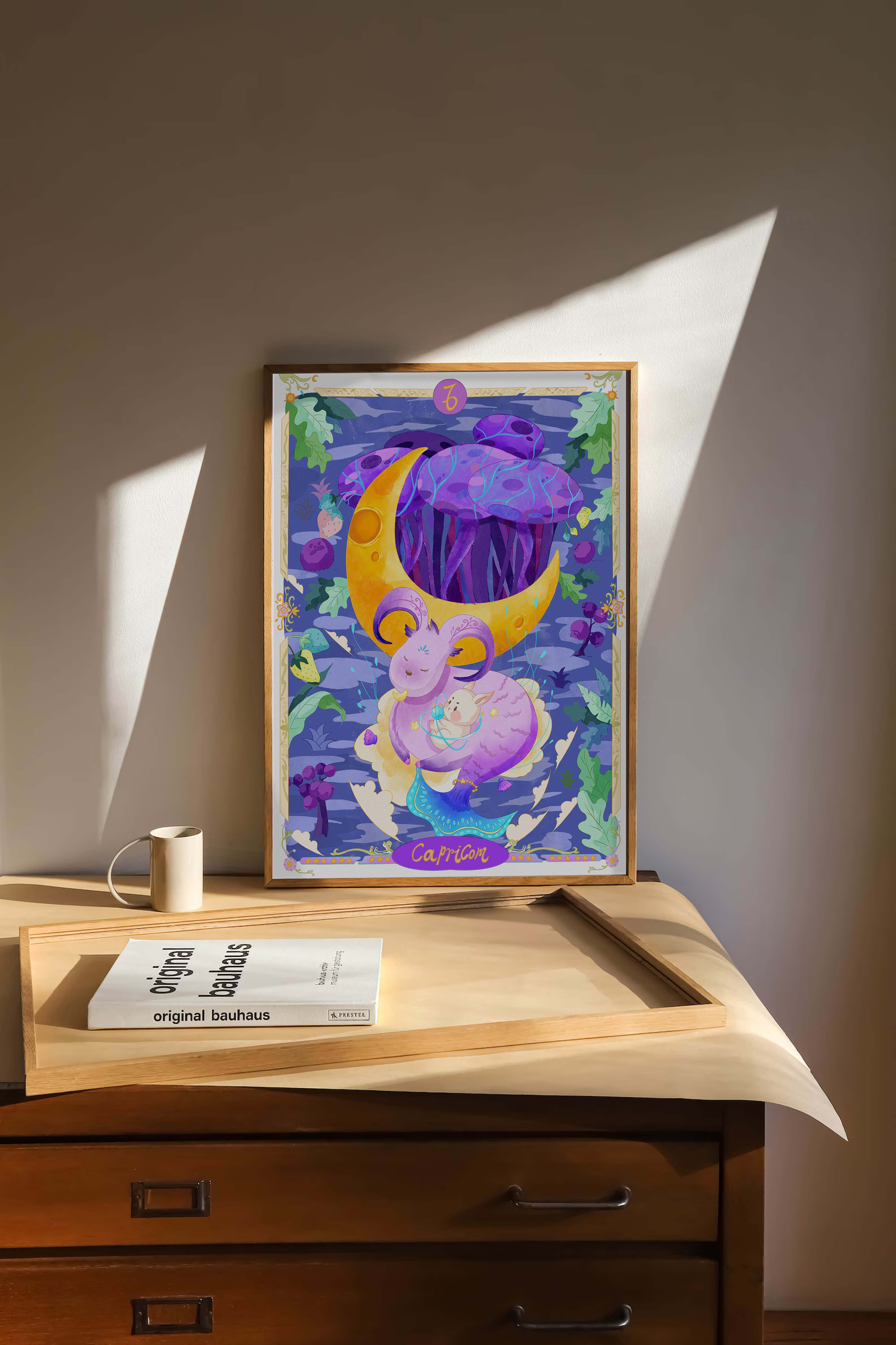 Colorful Capricorn zodiac illustration with fantasy elements