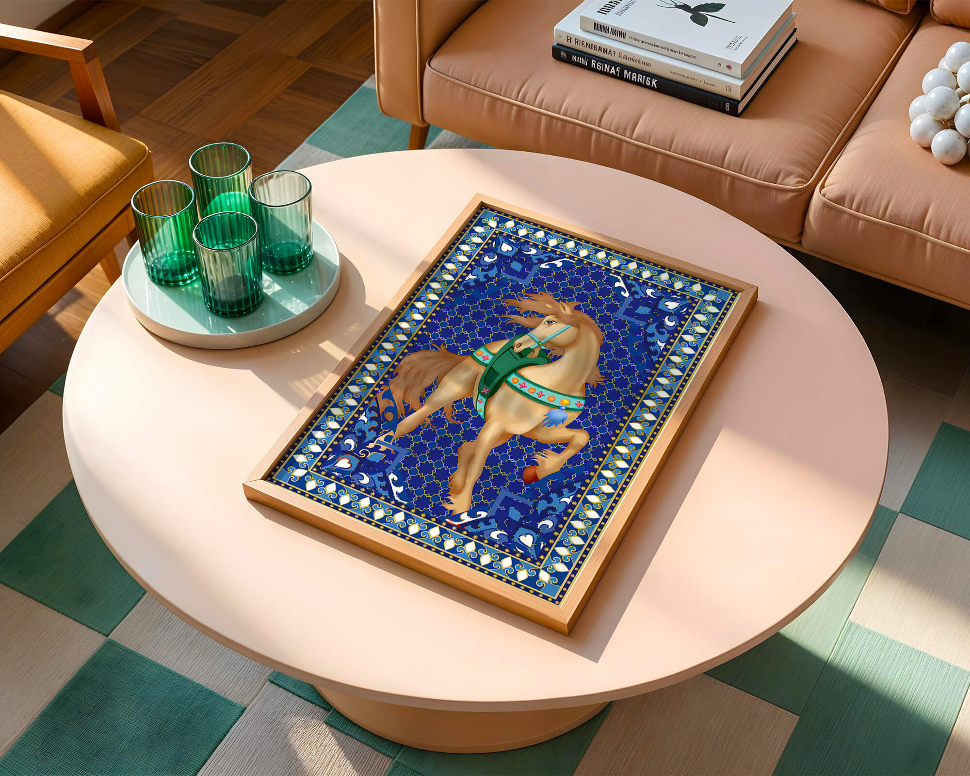 Intricate patterned horse art with a vibrant decorative border