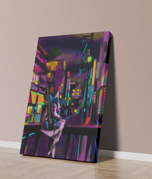 Paisaje urbano cyberpunk con un personaje futurista por la noche