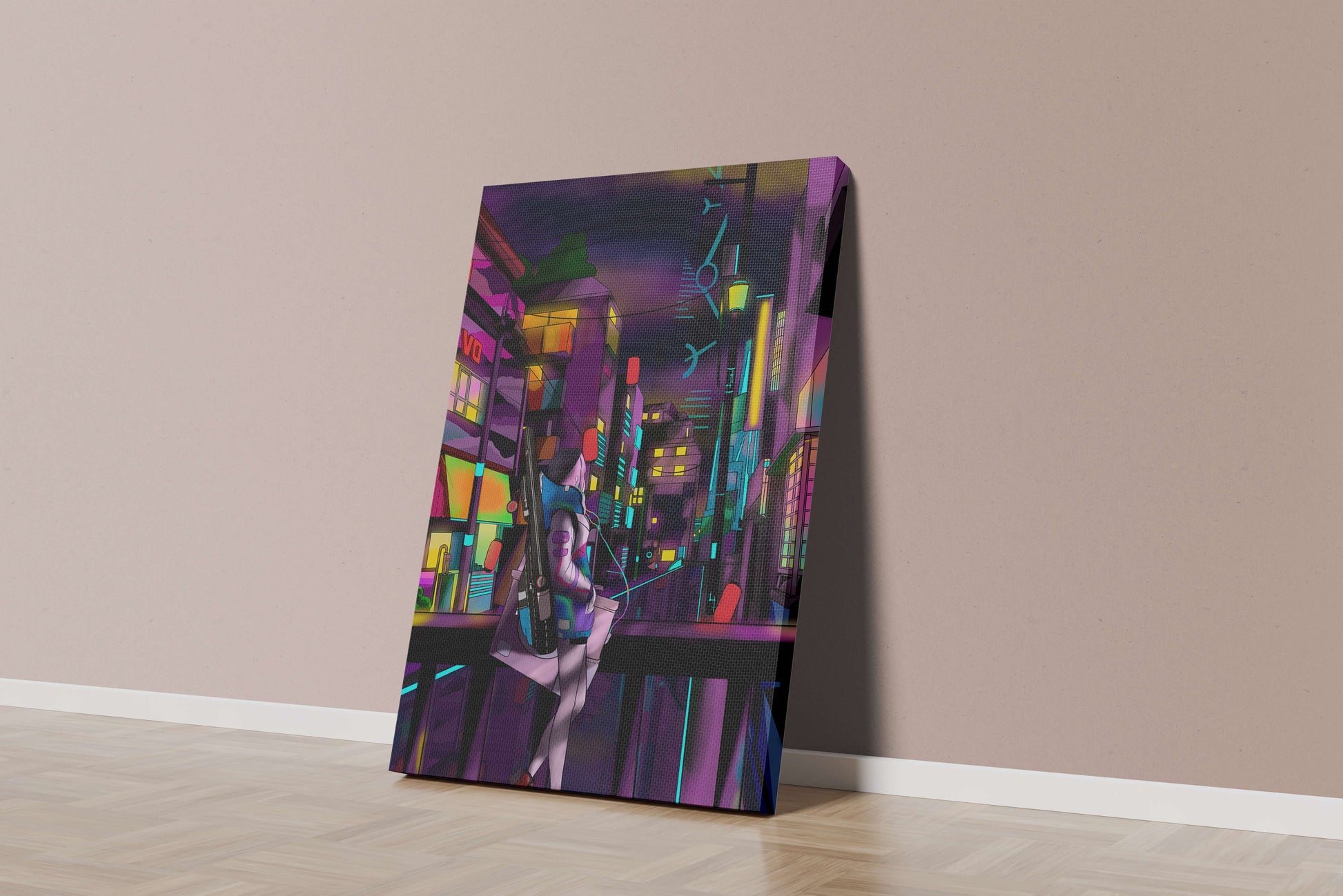 Cyberpunk cityscape with a futuristic character at night