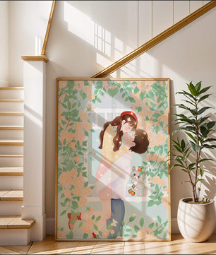 Romantic Kiss Amidst Blooming Flowers And Playful Cat