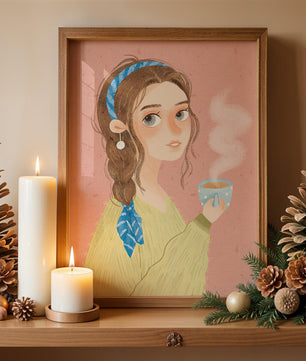 Illustration d'une fille avec un bandeau tenant une tasse fumante