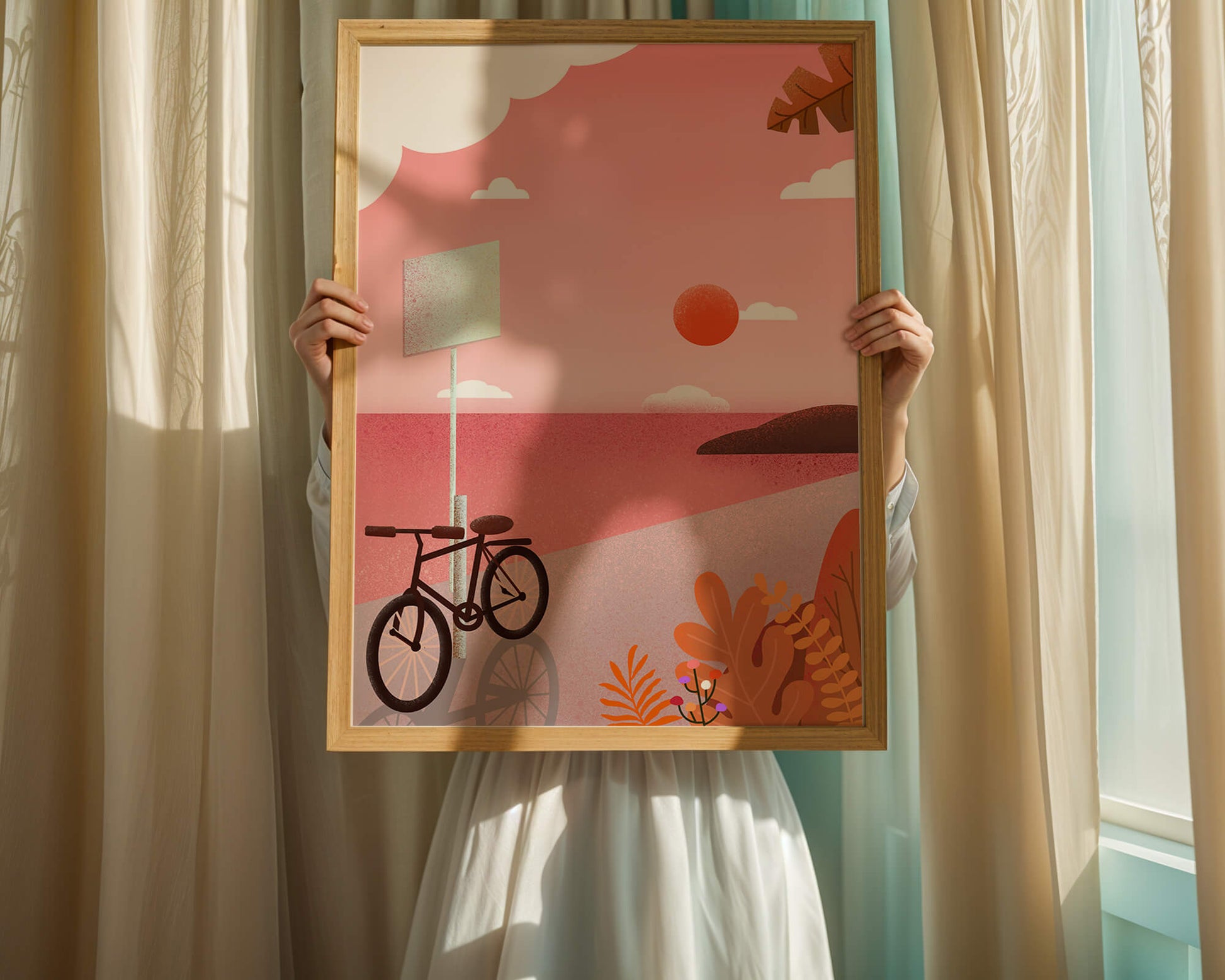Serene sunset with bicycle by the sea in pastel colors