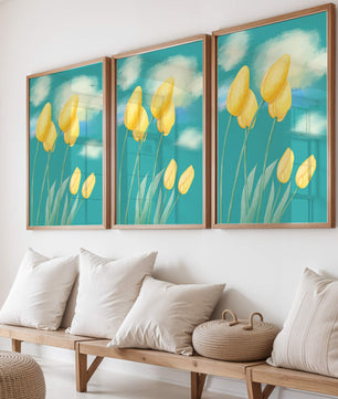 Stylized yellow tulips against a cloudy blue sky background