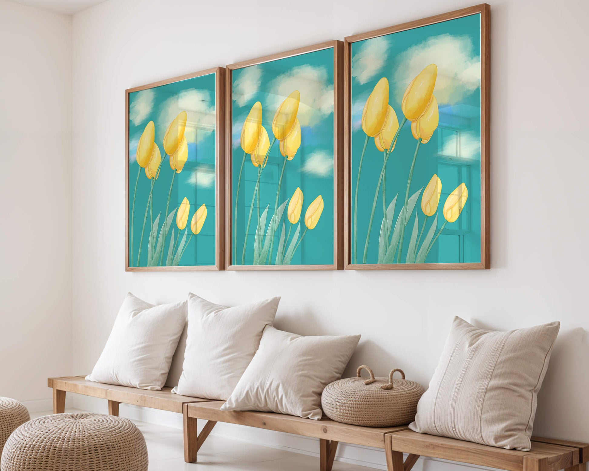 Stylized yellow tulips against a cloudy blue sky background