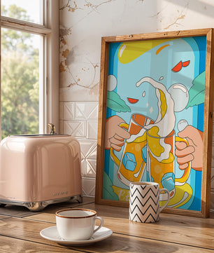 Colorful Illustration of Two Clinking Beer Mugs with Ice Cubes and Citrus Slices