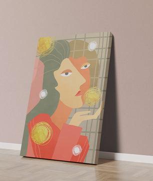 Abstract portrait artwork with geometric forms and gold accents