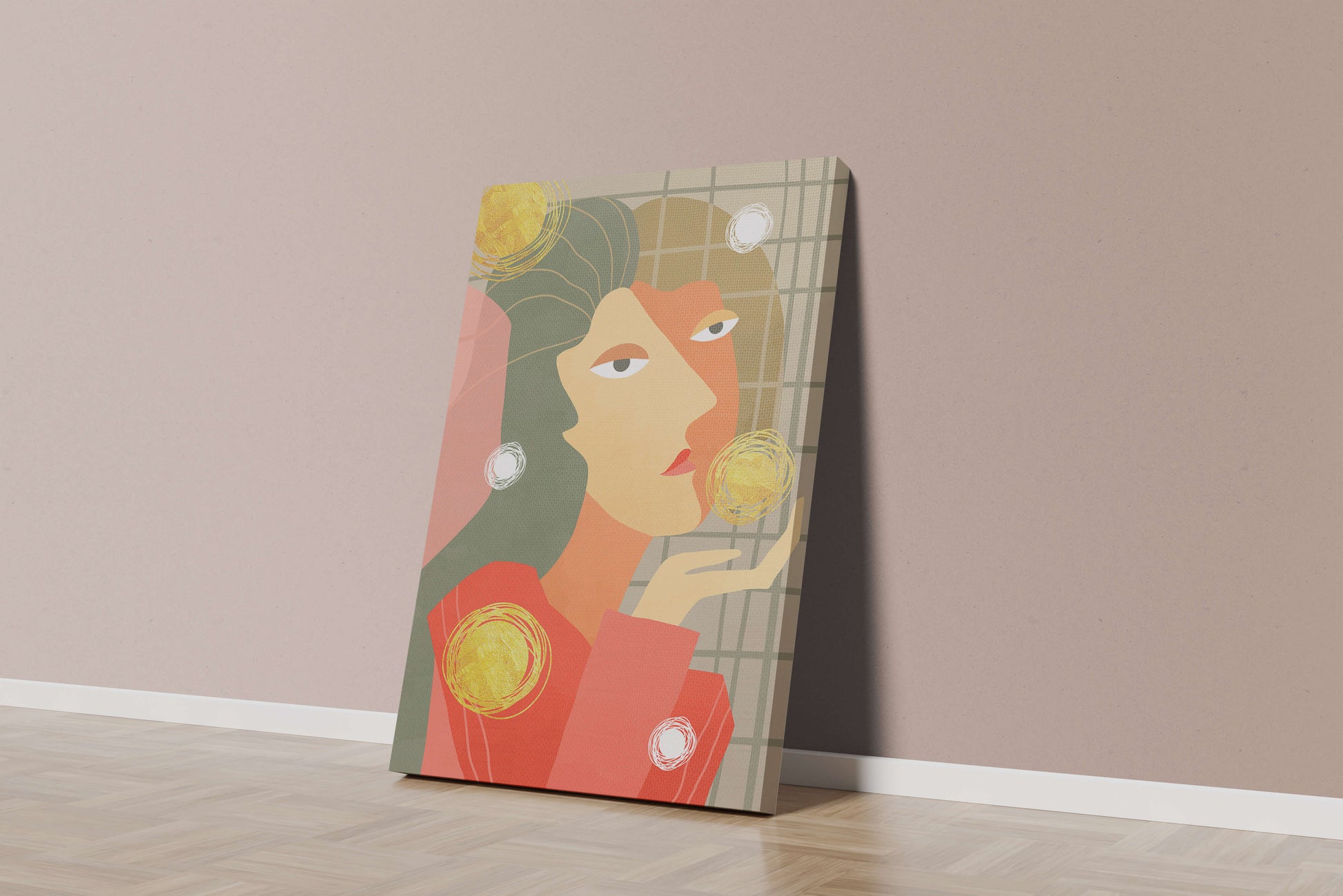 Abstract portrait artwork with geometric forms and gold accents