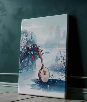 Paisaje tradicional chino con instrumento musical y flores