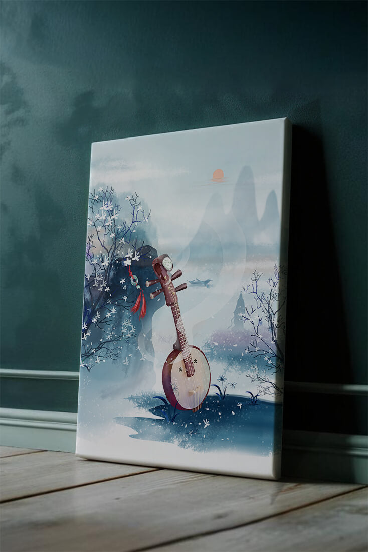 Paisaje tradicional chino con instrumento musical y flores