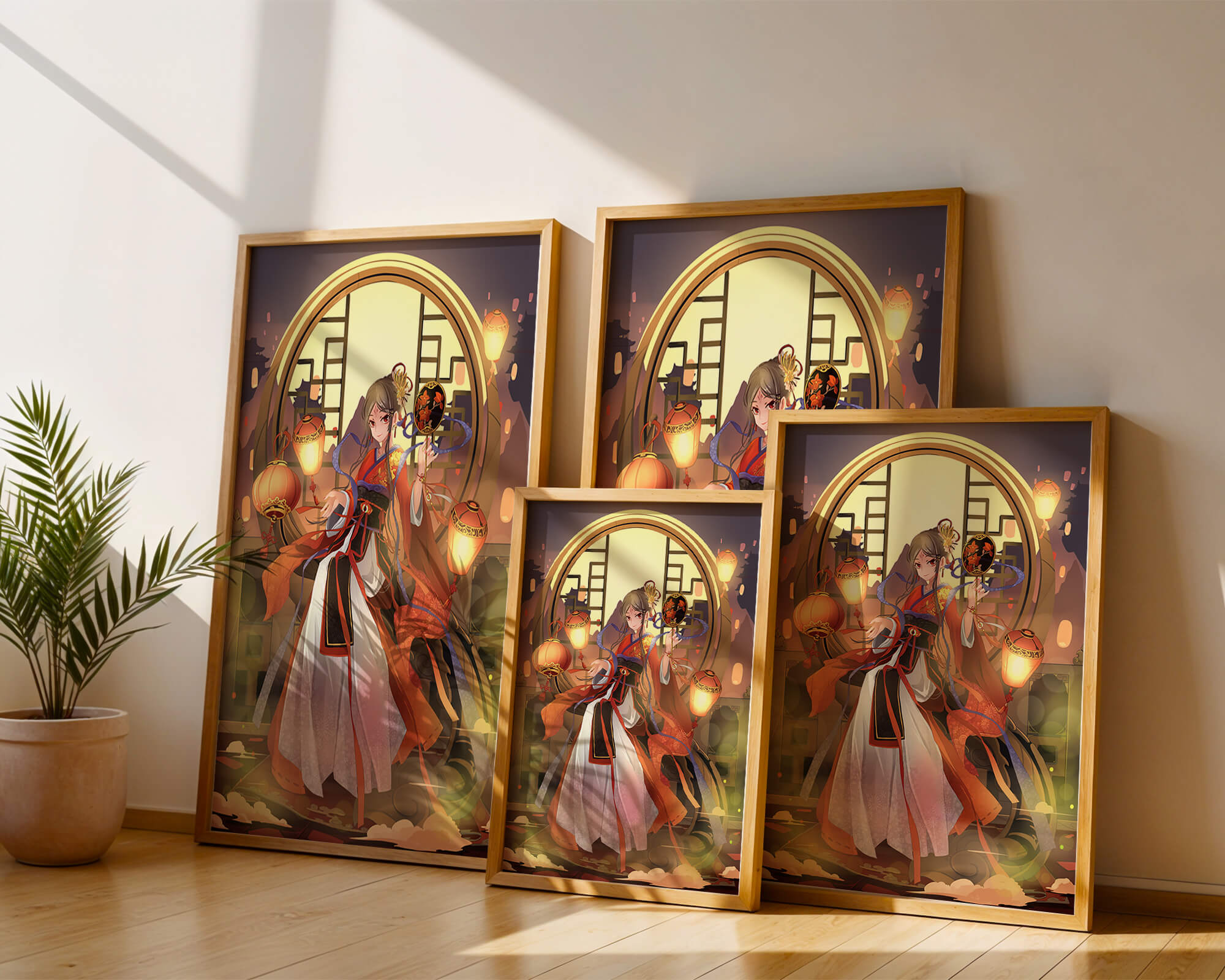 Elegant Asian-inspired fantasy artwork with lanterns