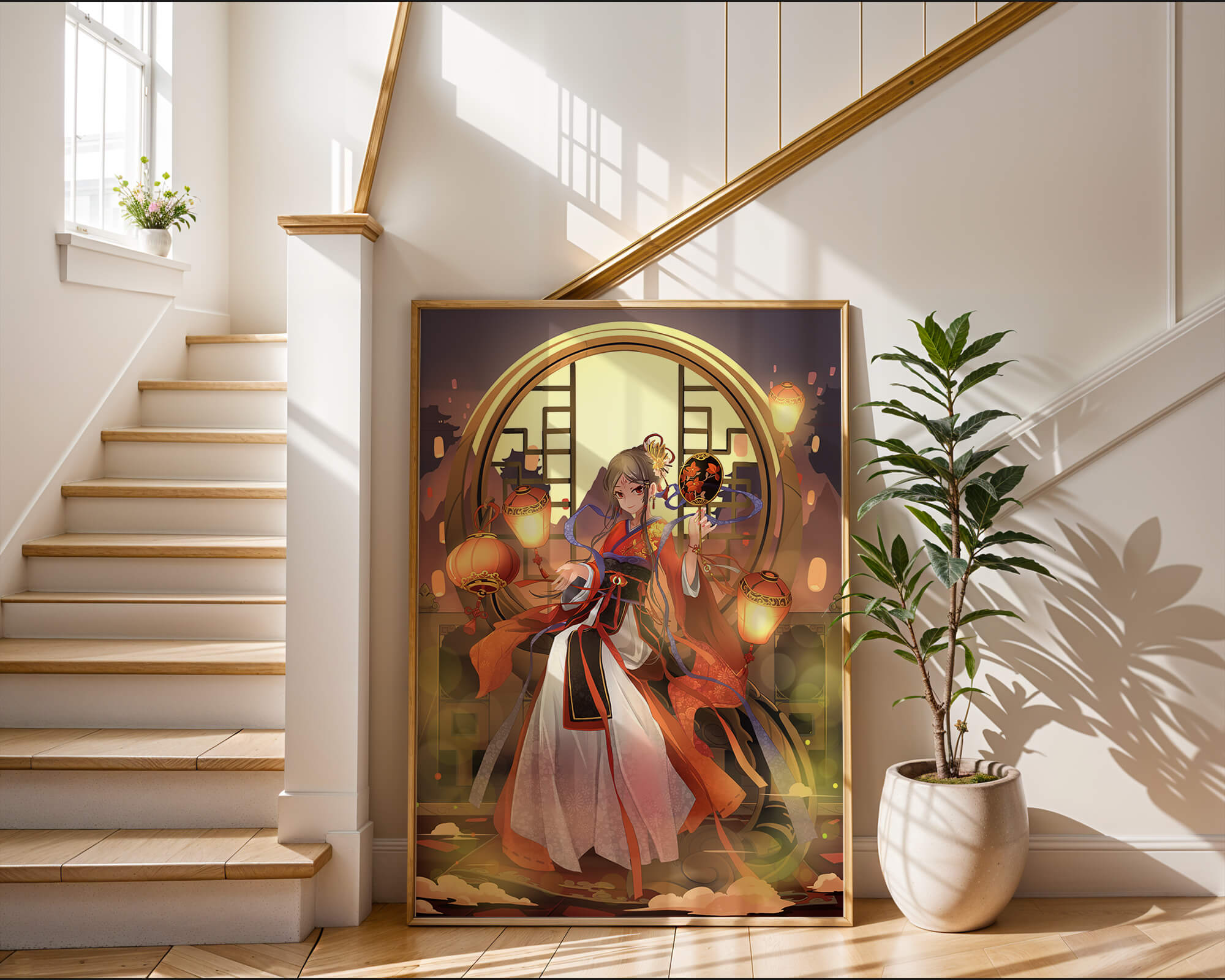 Elegant Asian-inspired fantasy artwork with lanterns