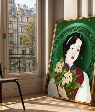 Elegant portrait of a woman with a bouquet of roses on a green abstract background