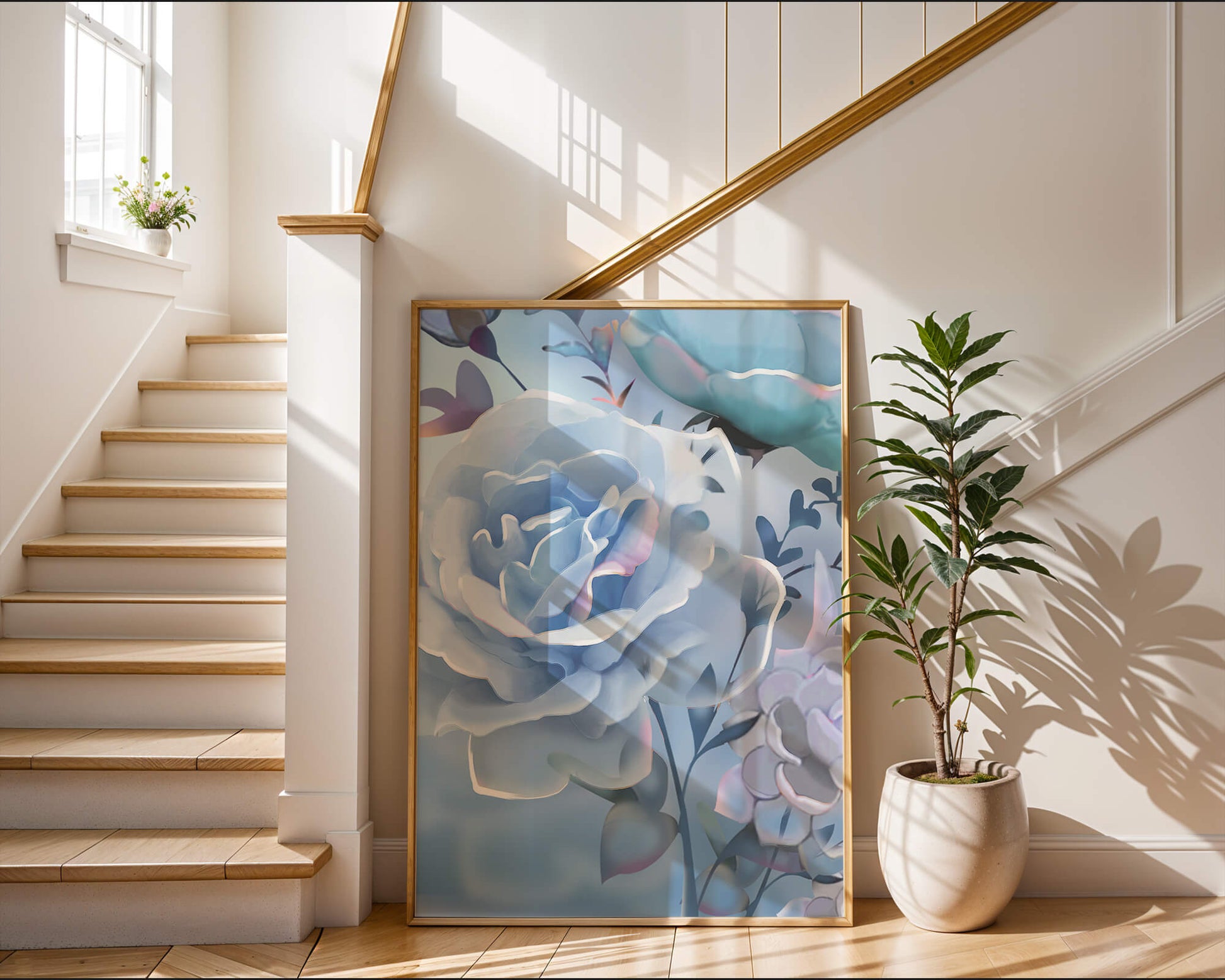 Rosas azules serenas con hojas delicadas sobre fondo suave