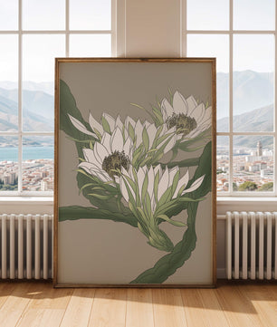 Beautiful botanical illustration of white blooming flowers with green leaves