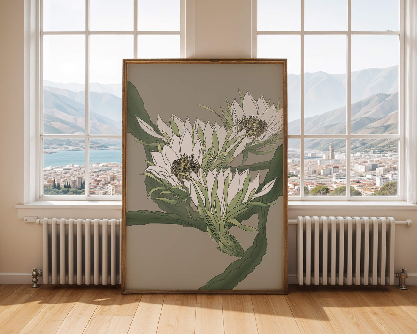 Beautiful botanical illustration of white blooming flowers with green leaves