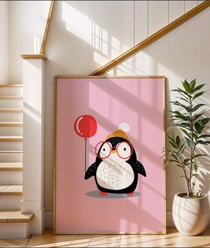 Ilustración adorable de un pingüino con globo y gafas