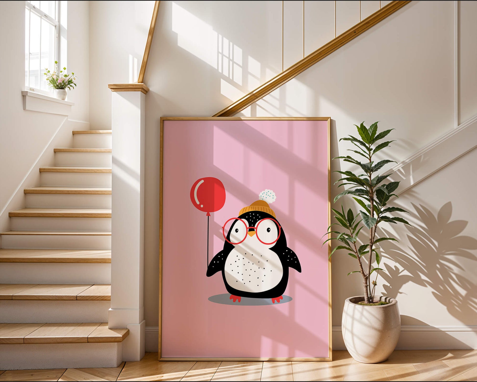 Adorable penguin with balloon and glasses illustration