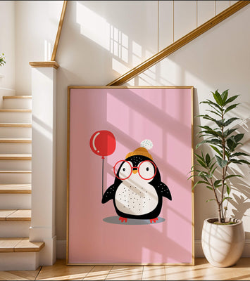 Adorable penguin with balloon and glasses illustration