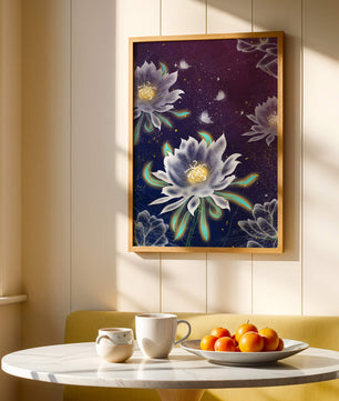Floral Fantasy with Glowing Elements and Butterflies in Night Sky