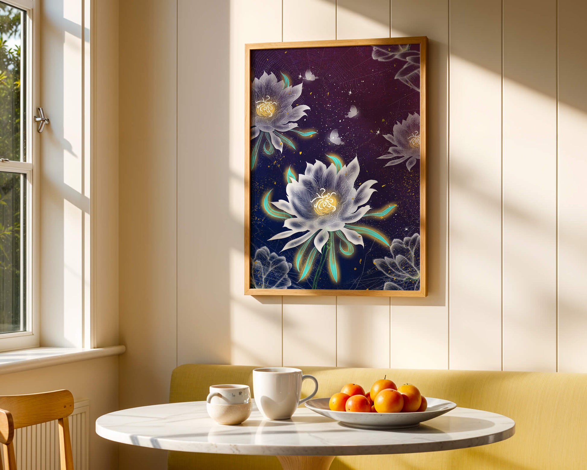 Floral Fantasy with Glowing Elements and Butterflies in Night Sky
