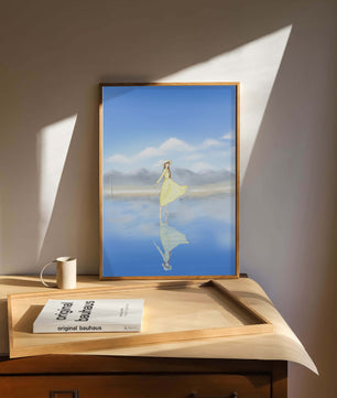 Woman in yellow dress standing on reflective water against clear sky