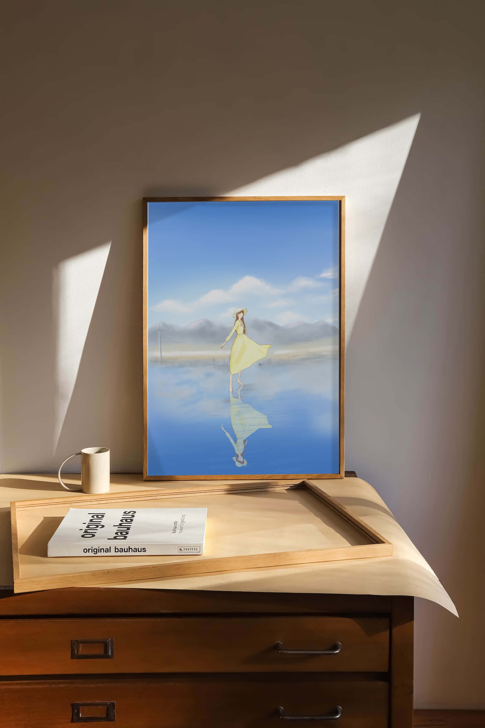 Woman in yellow dress standing on reflective water against clear sky