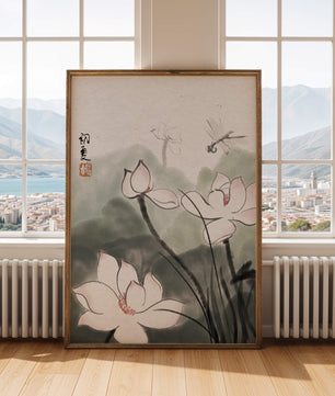 Delicate watercolor of lotus flowers with dragonfly in serene atmosphere