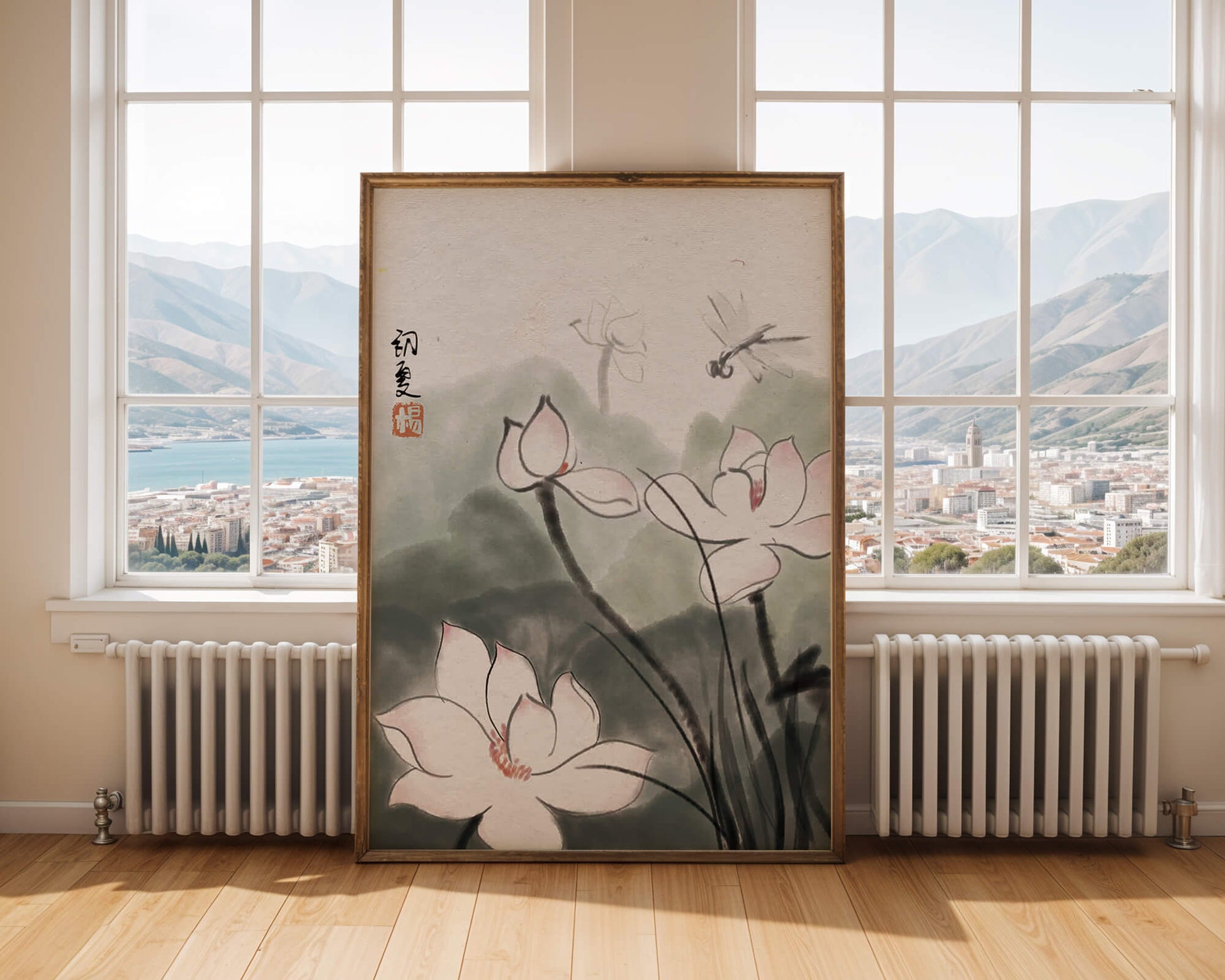 Delicate watercolor of lotus flowers with dragonfly in serene atmosphere