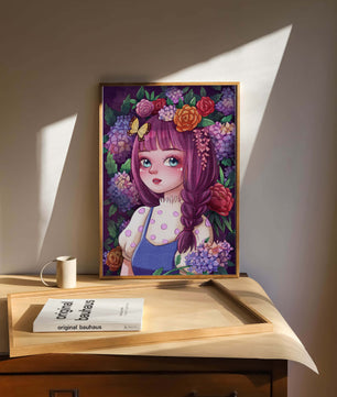 Illustration of a girl with floral crown surrounded by vibrant flowers