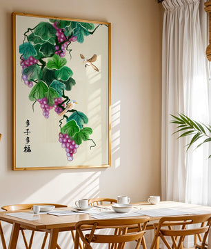 Watercolor grapevine and birds illustration with traditional art style