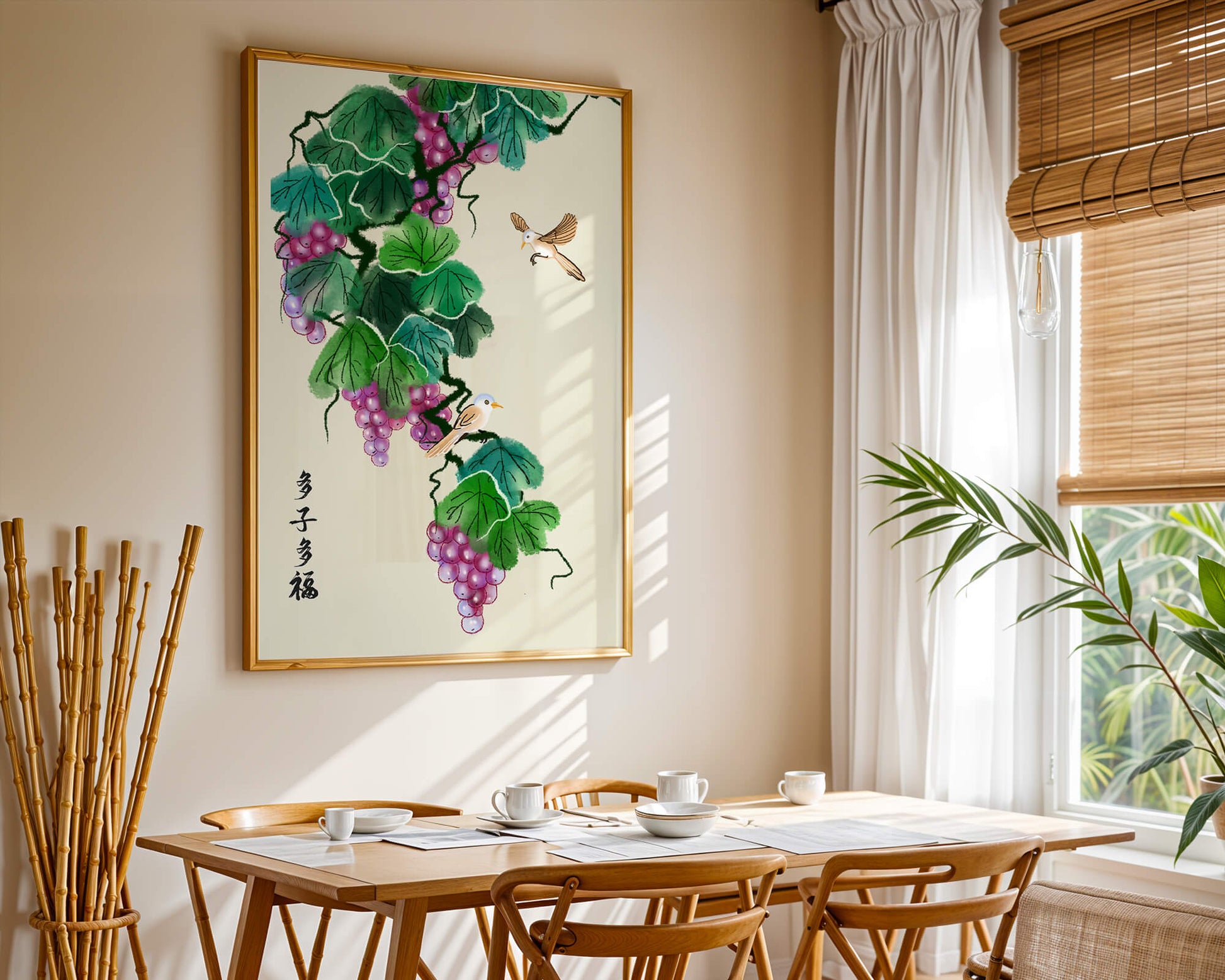 Watercolor grapevine and birds illustration with traditional art style