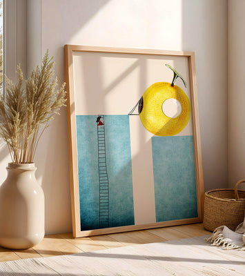Woman Climbing Ladder towards Giant Yellow Fruit