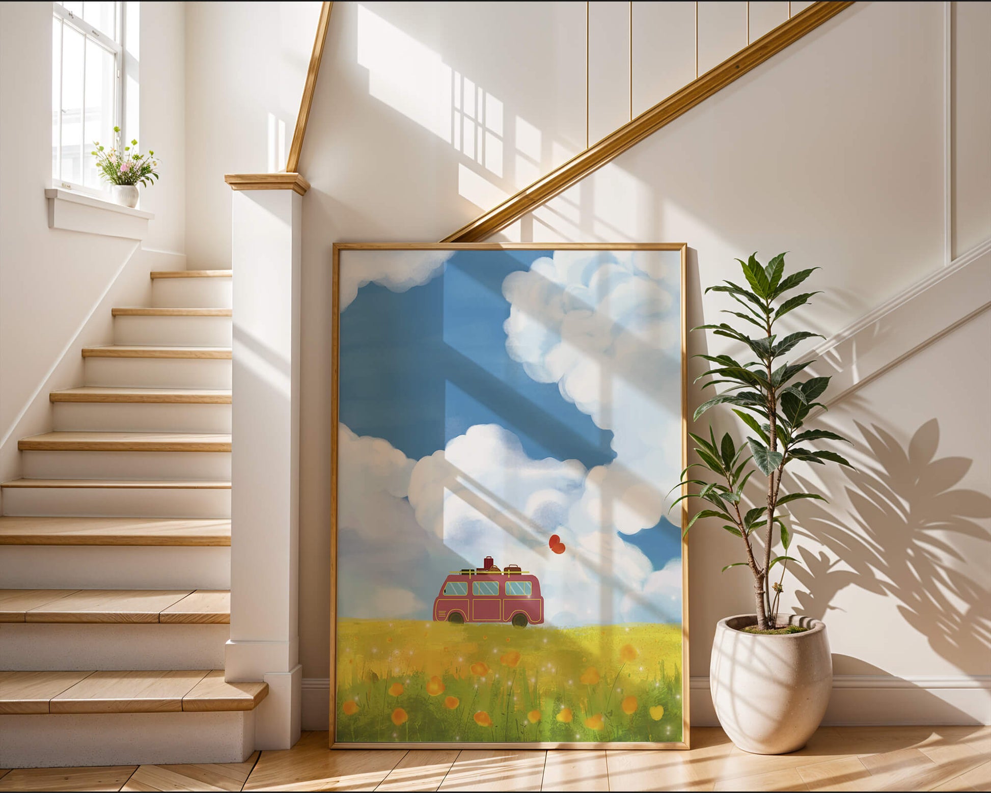 Colorful Van in a Vibrant Field with Balloons and Luggage