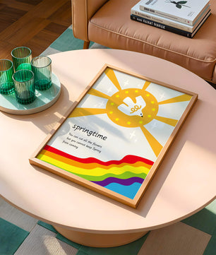 Colorful springtime illustration with dove and rainbow