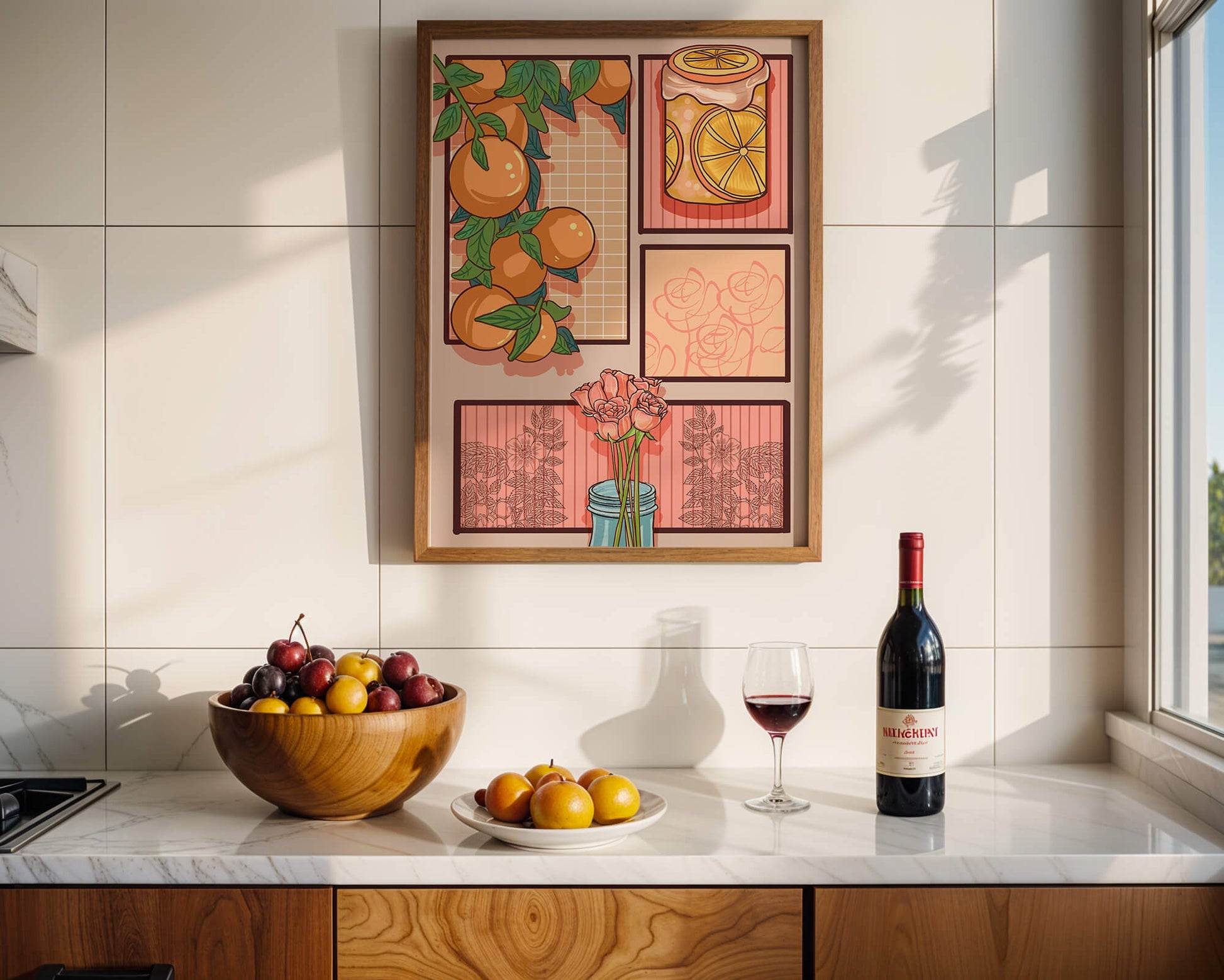 Composición artística con naranjas, frasco de rodajas de limón y rosas sobre fondo geométrico