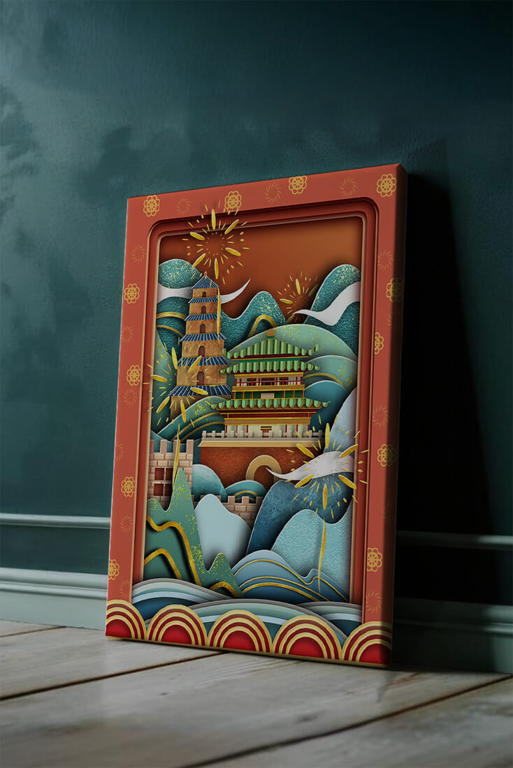 Illustrated Asian landscape with fireworks and traditional architecture