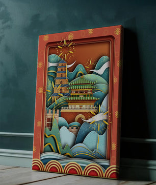 Paysage asiatique illustré avec des feux d'artifice et une architecture traditionnelle