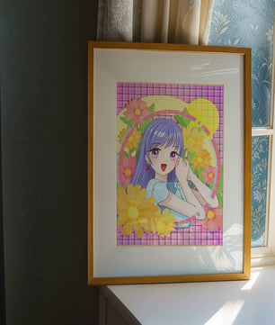 Anime-Mädchen mit leuchtenden Blumen und lila Haaren auf buntem Hintergrund