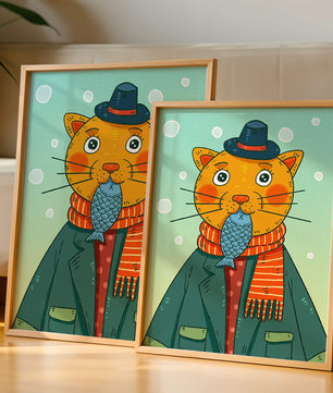 Gato caprichoso vestido con atuendo invernal colorido