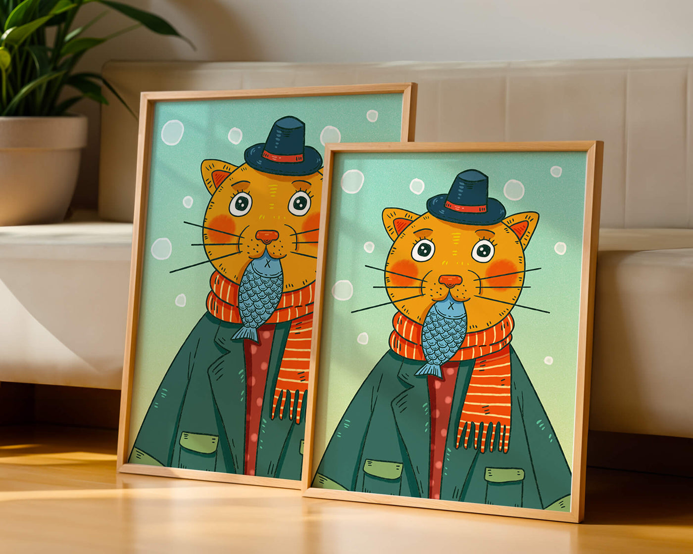 Whimsical cat dressed in colorful winter attire