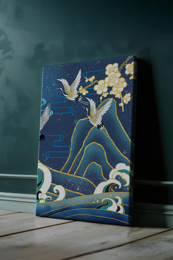 Elegant Cranes in Flight over Ocean Waves with Golden Accents and Blossoms