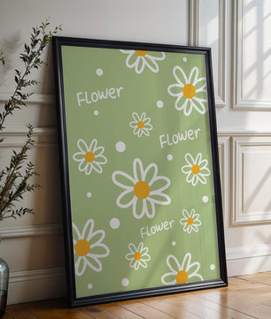 Estampado floral con margaritas sobre fondo verde