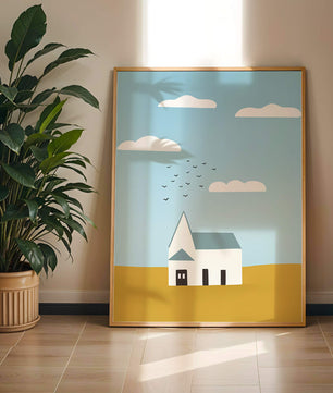 Paisaje minimalista con una casa blanca y cielo