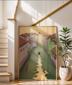 Escena de río tranquilo con arquitectura tradicional y atardecer
