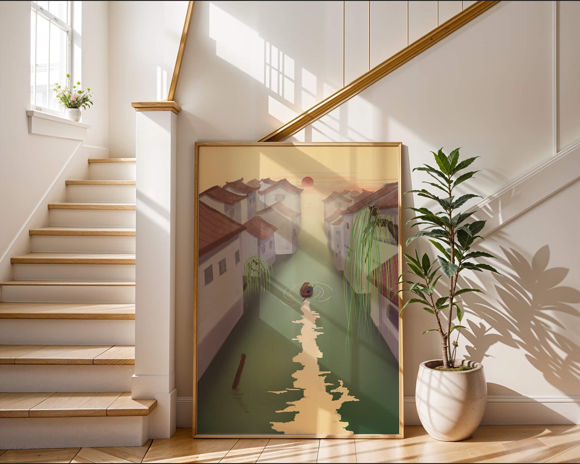 Tranquil river scene with traditional architecture and sunset