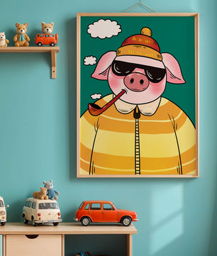 Cerdo elegante con gafas de sol y pipa contra un cielo turquesa