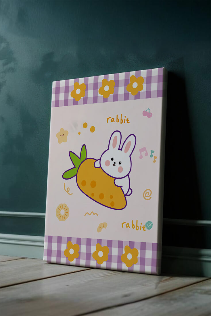 Illustrated cute rabbit with carrot on a colorful background